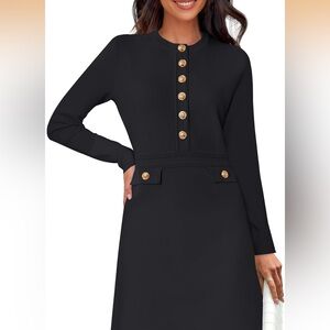 Classic Black Long-Sleeve Button-Accent Dress